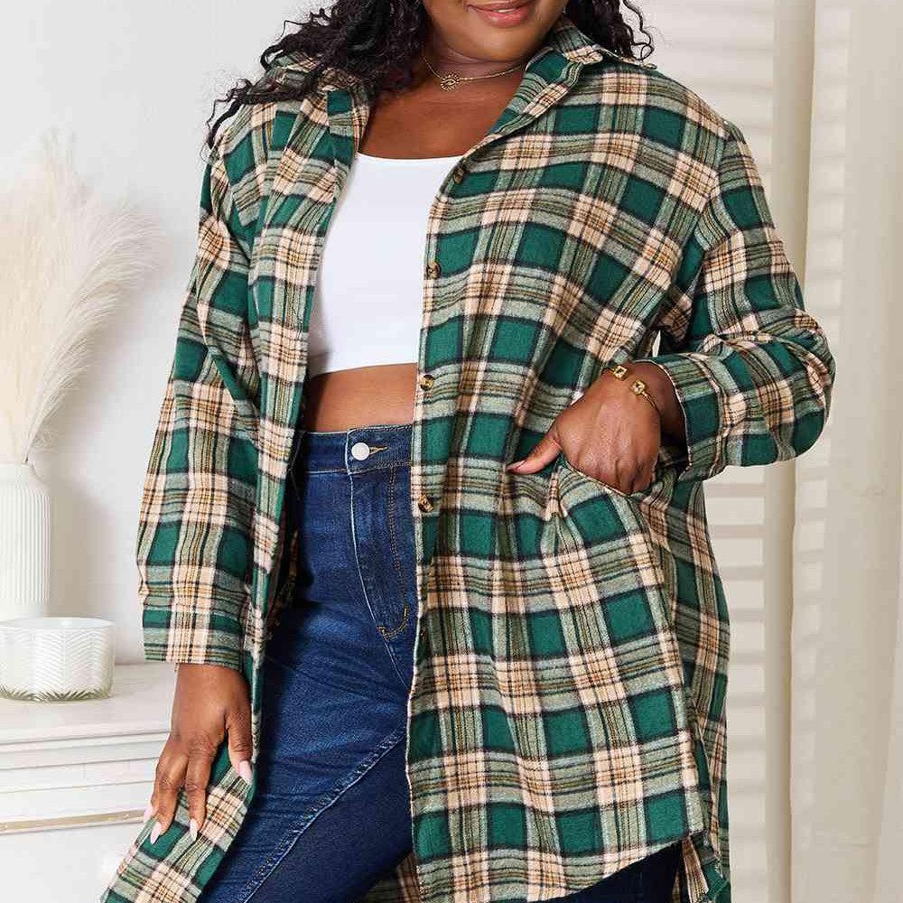 Double Take Plaid Collared Neck Long Sleeve Shirt