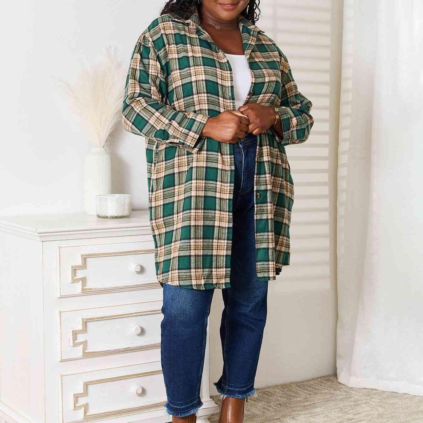 Double Take Plaid Collared Neck Long Sleeve Shirt