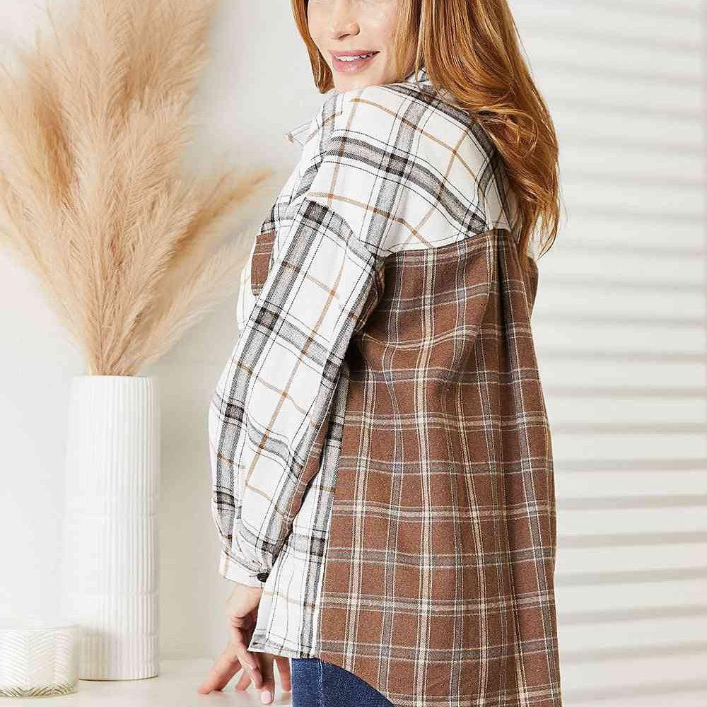 Double Take Plaid Contrast Button Up Shirt Jacket