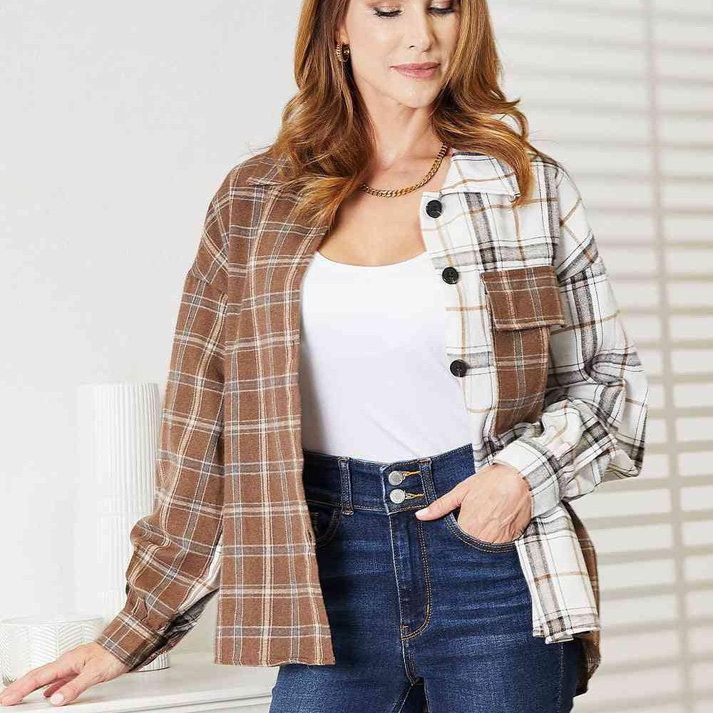 Double Take Plaid Contrast Button Up Shirt Jacket