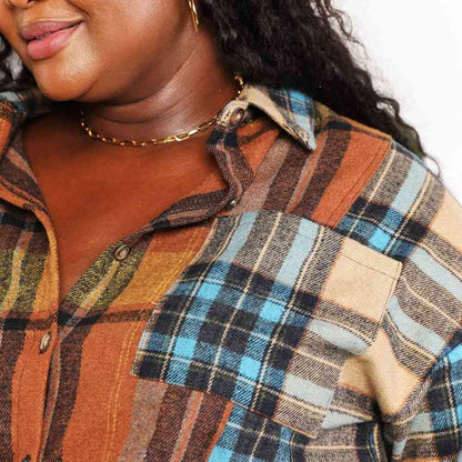 Double Take Plaid Curved Hem Shirt Jacket with Breast Pockets