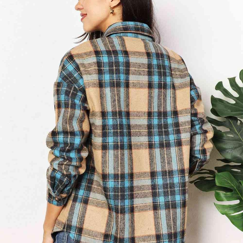 Double Take Plaid Curved Hem Shirt Jacket with Breast Pockets