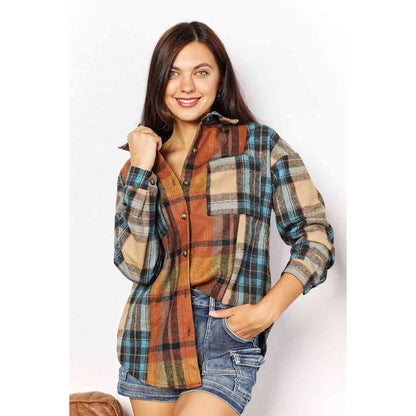 Double Take Plaid Curved Hem Shirt Jacket with Breast Pockets