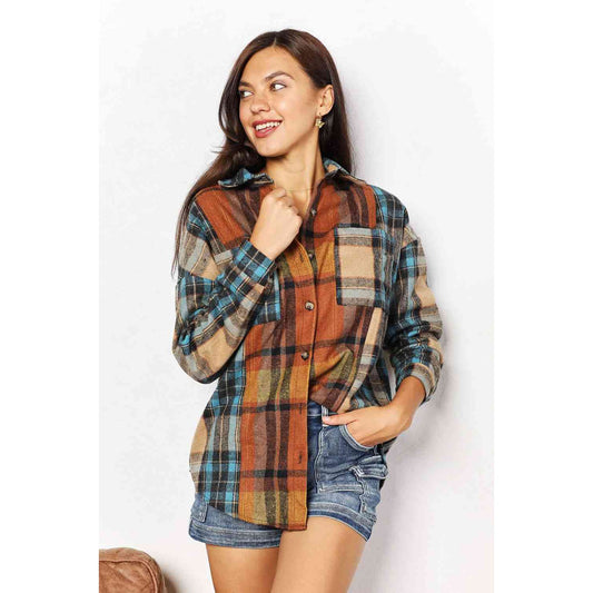 Double Take Plaid Curved Hem Shirt Jacket with Breast Pockets