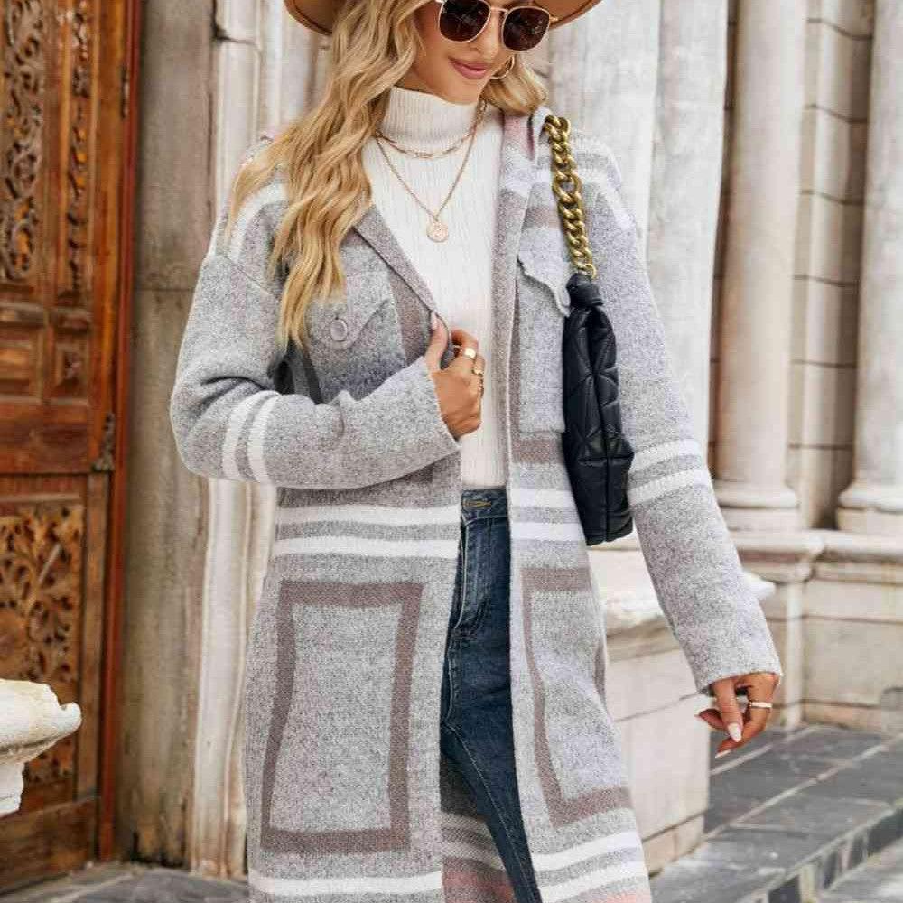 Double Take Printed Open Front Hooded Longline Cardigan