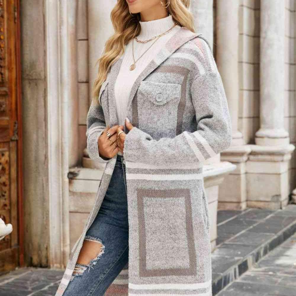 Double Take Printed Open Front Hooded Longline Cardigan