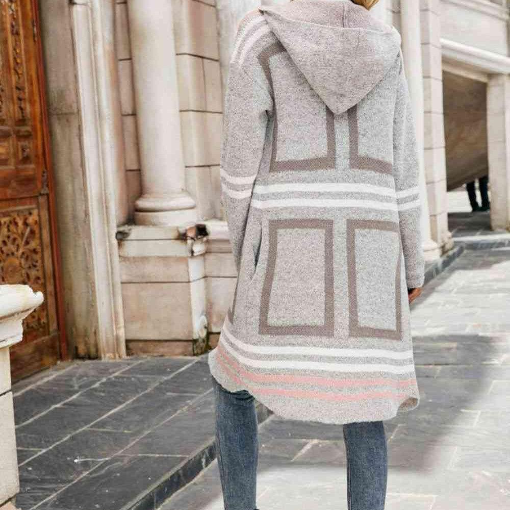 Double Take Printed Open Front Hooded Longline Cardigan