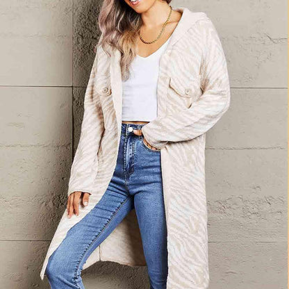 Double Take Printed Open Front Hooded Longline Cardigan