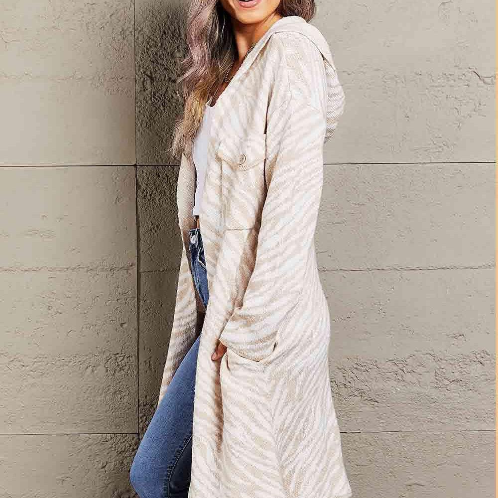 Double Take Printed Open Front Hooded Longline Cardigan