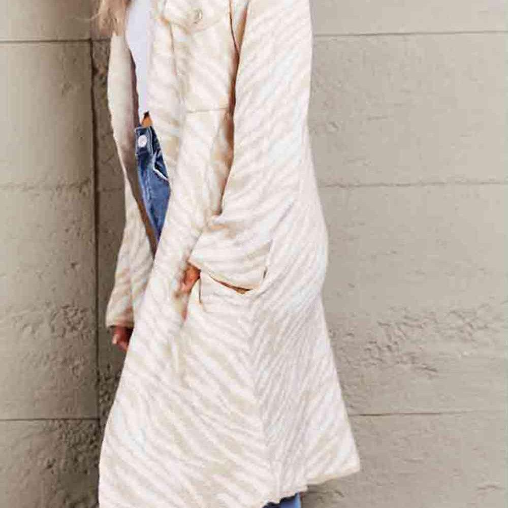 Double Take Printed Open Front Hooded Longline Cardigan