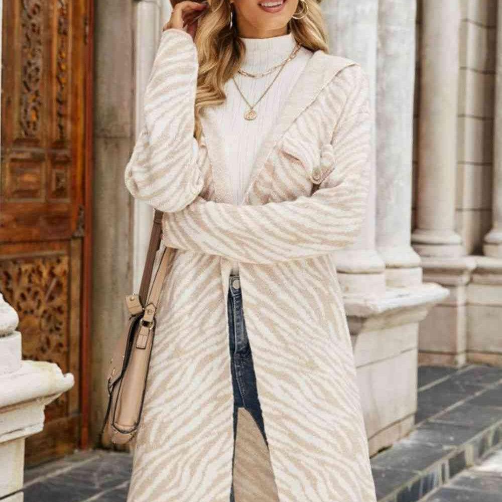 Double Take Printed Open Front Hooded Longline Cardigan