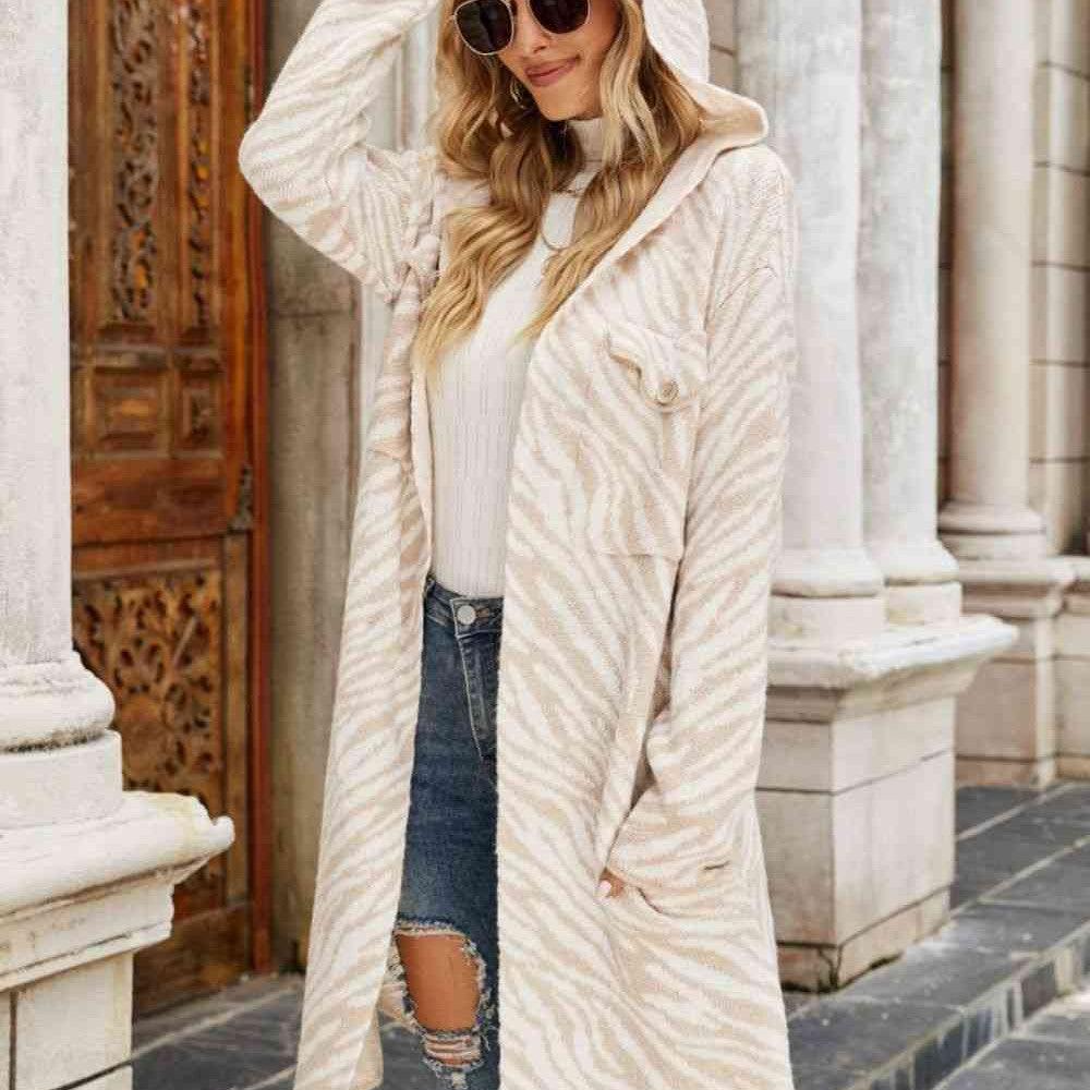 Double Take Printed Open Front Hooded Longline Cardigan