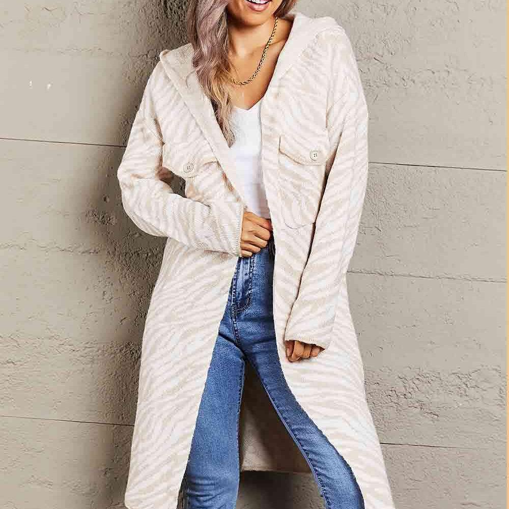 Double Take Printed Open Front Hooded Longline Cardigan