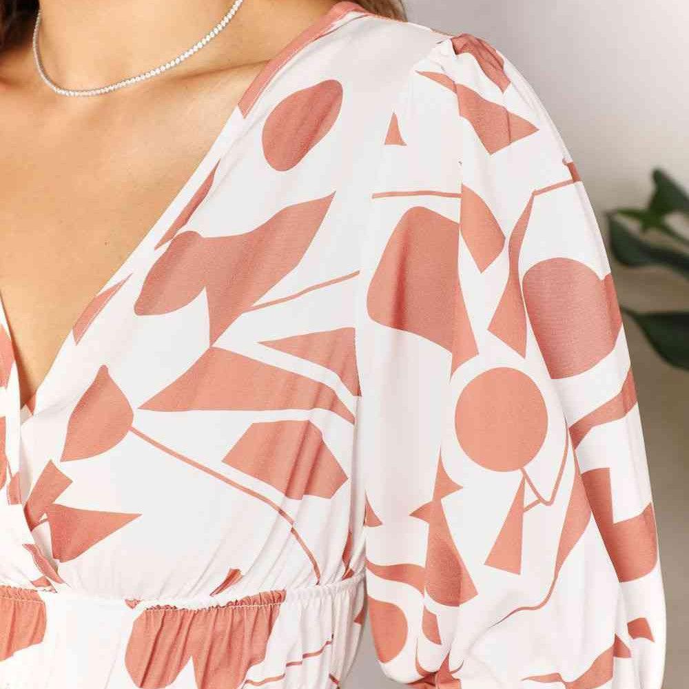 Double Take Printed Surplice Balloon Sleeve Dress