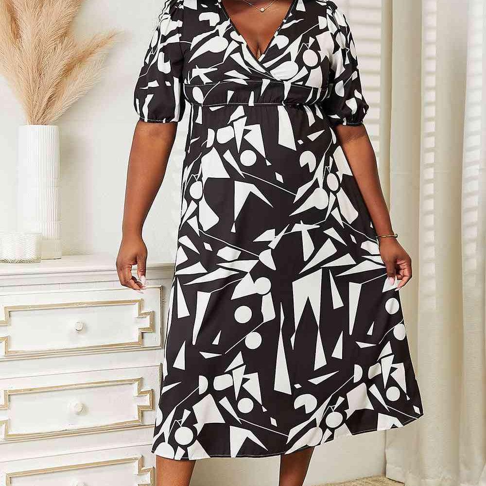 Double Take Printed Surplice Balloon Sleeve Dress