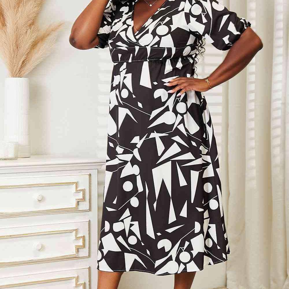 Double Take Printed Surplice Balloon Sleeve Dress