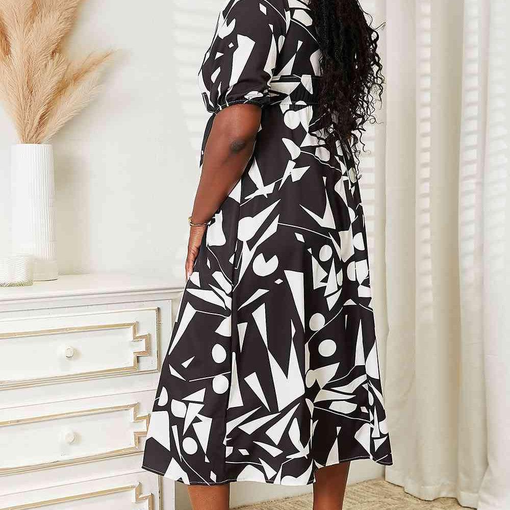 Double Take Printed Surplice Balloon Sleeve Dress