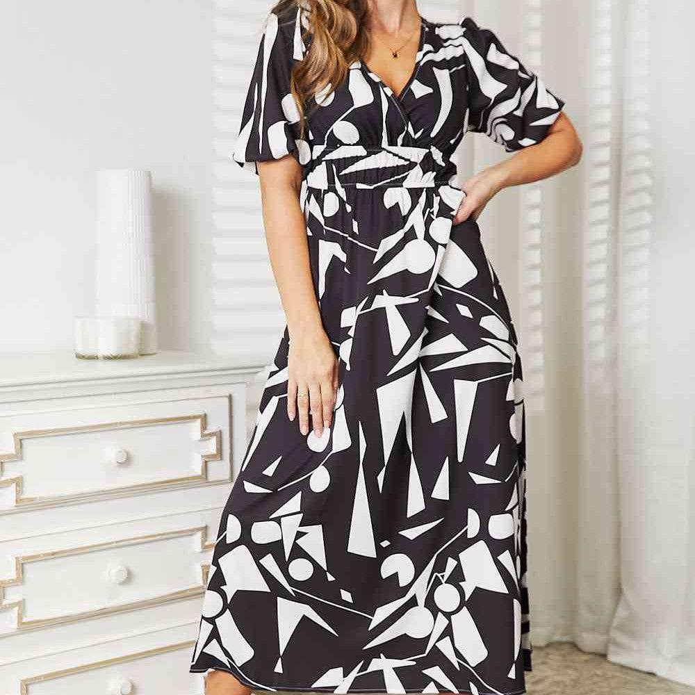 Double Take Printed Surplice Balloon Sleeve Dress