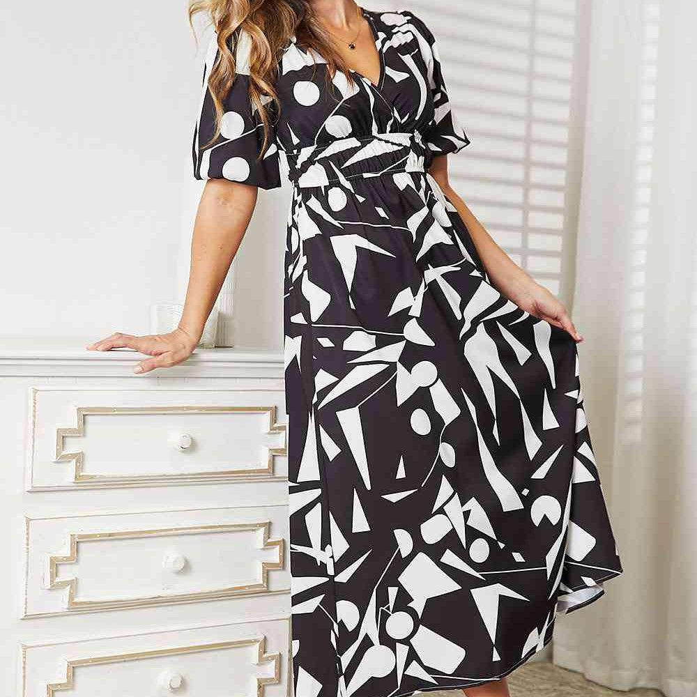 Double Take Printed Surplice Balloon Sleeve Dress