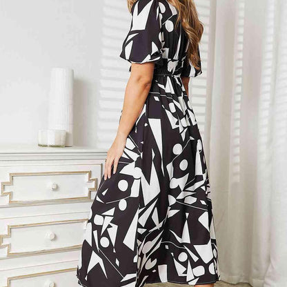 Double Take Printed Surplice Balloon Sleeve Dress