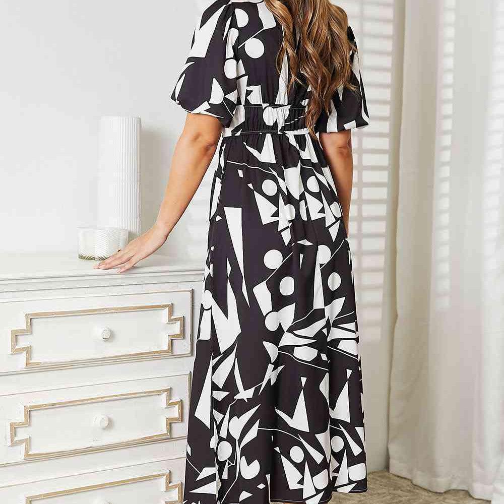 Double Take Printed Surplice Balloon Sleeve Dress