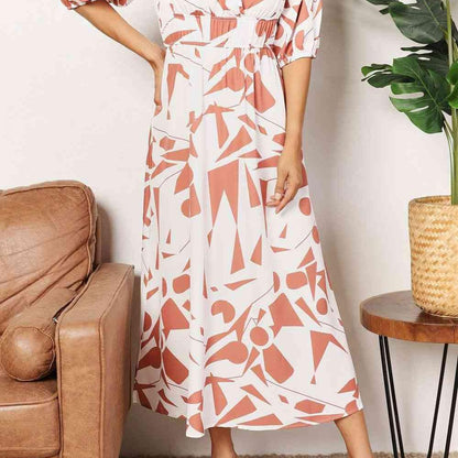 Double Take Printed Surplice Balloon Sleeve Dress