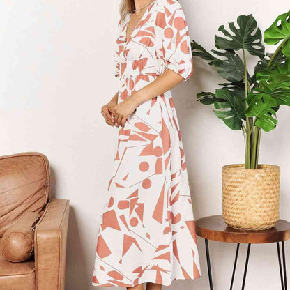 Double Take Printed Surplice Balloon Sleeve Dress