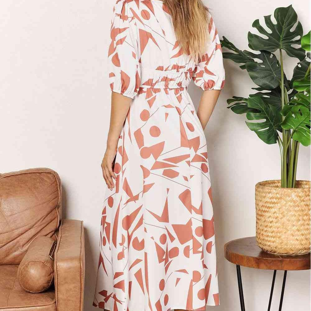 Double Take Printed Surplice Balloon Sleeve Dress