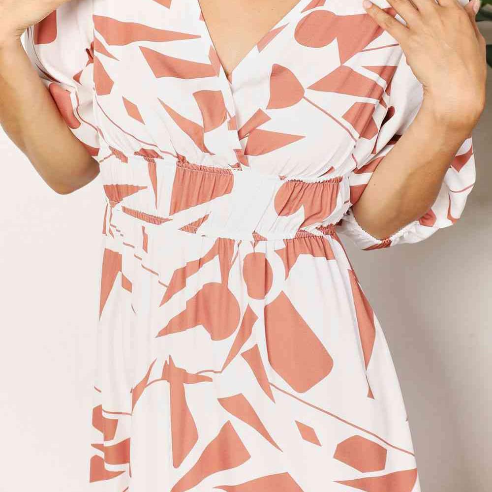 Double Take Printed Surplice Balloon Sleeve Dress