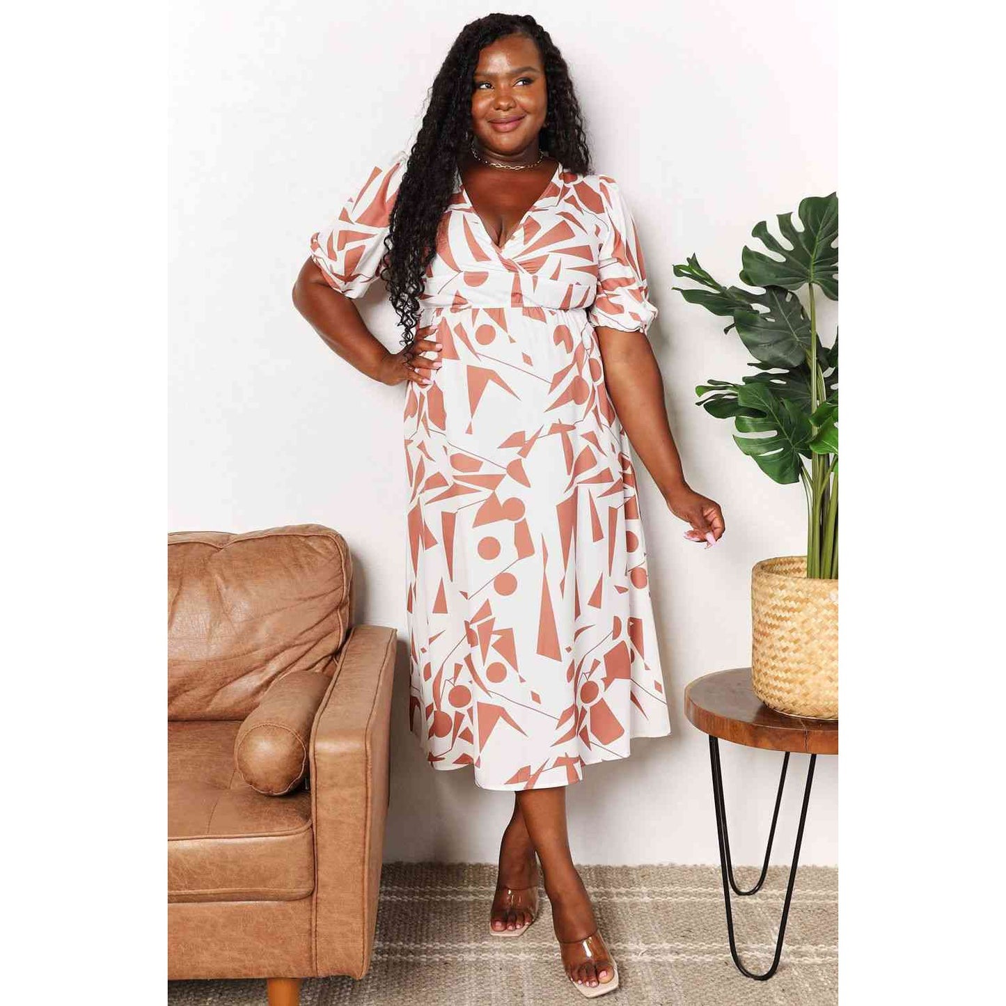 Double Take Printed Surplice Balloon Sleeve Dress