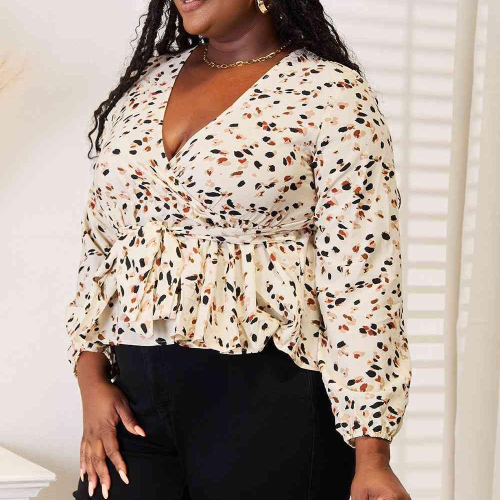 Double Take Printed Tied Plunge Peplum Blouse