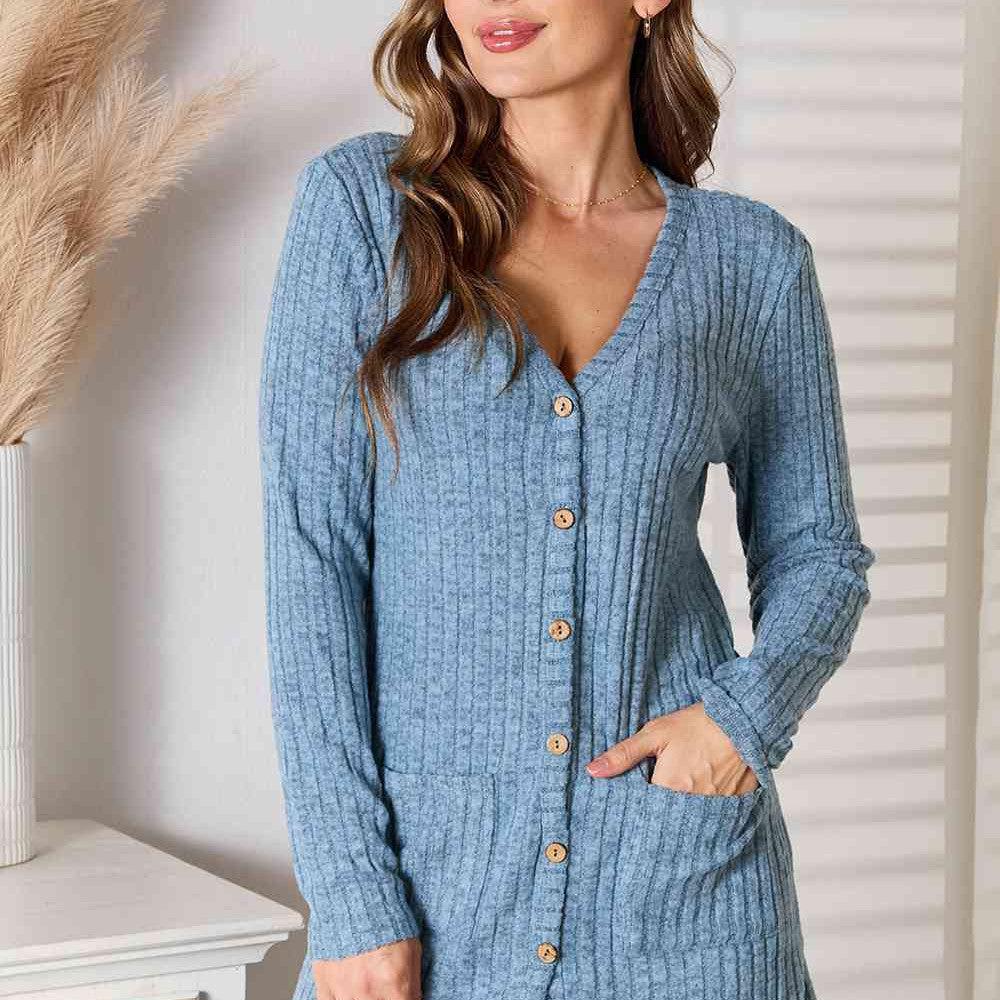 Double Take Ribbed Button-Up Cardigan with Pockets