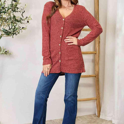 Double Take Ribbed Button-Up Cardigan with Pockets