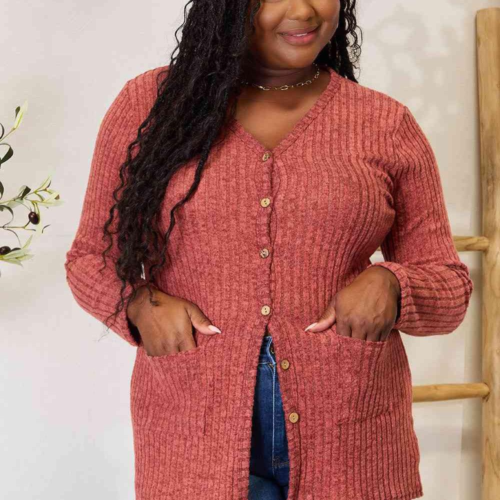 Double Take Ribbed Button-Up Cardigan with Pockets