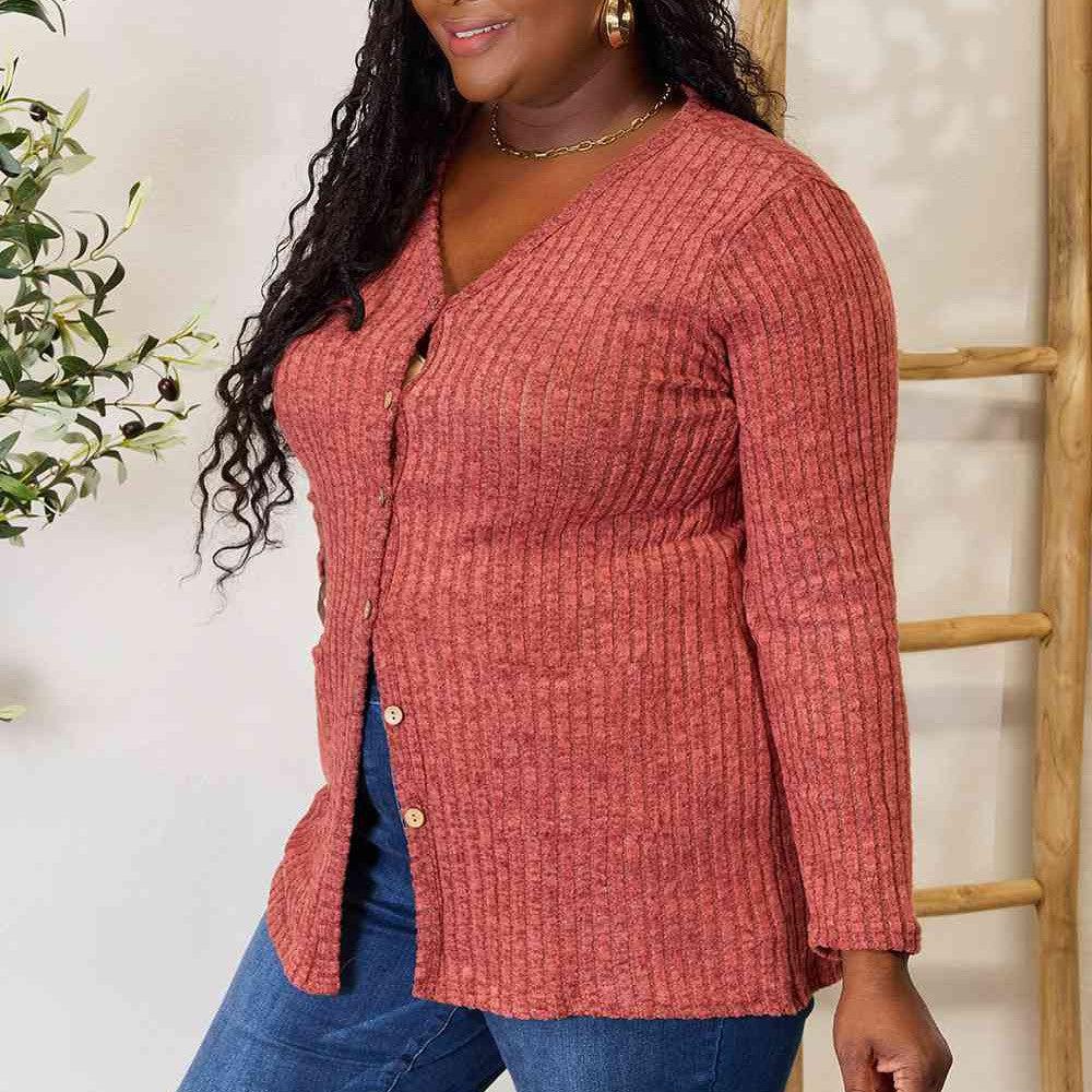 Double Take Ribbed Button-Up Cardigan with Pockets