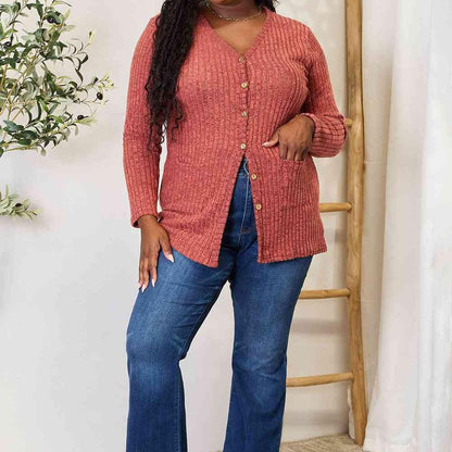 Double Take Ribbed Button-Up Cardigan with Pockets