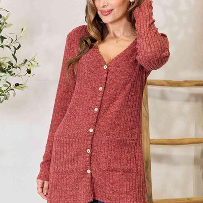 Double Take Ribbed Button-Up Cardigan with Pockets