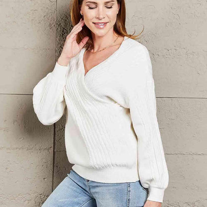 Double Take Ribbed Puff Sleeve Surplice Sweater