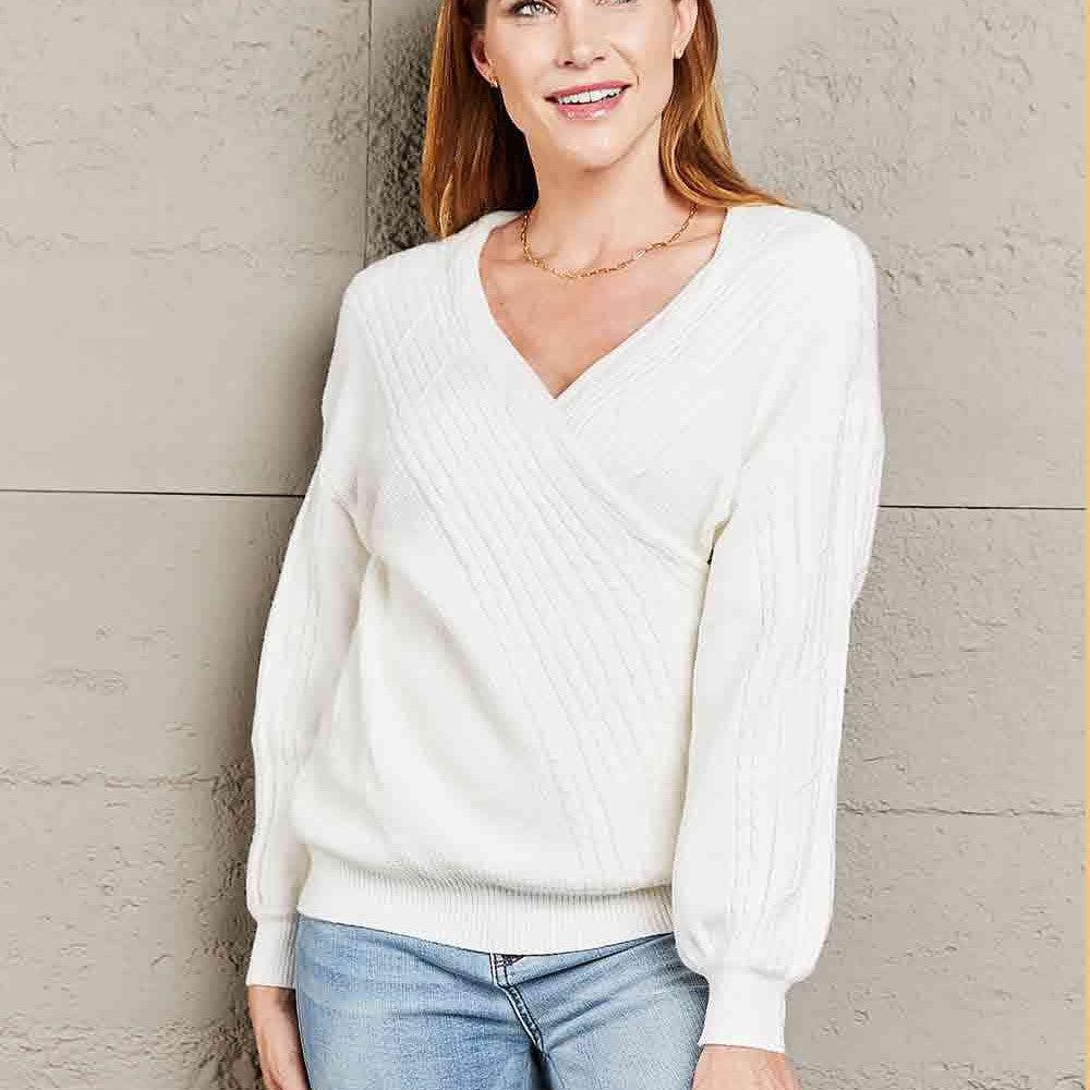 Double Take Ribbed Puff Sleeve Surplice Sweater