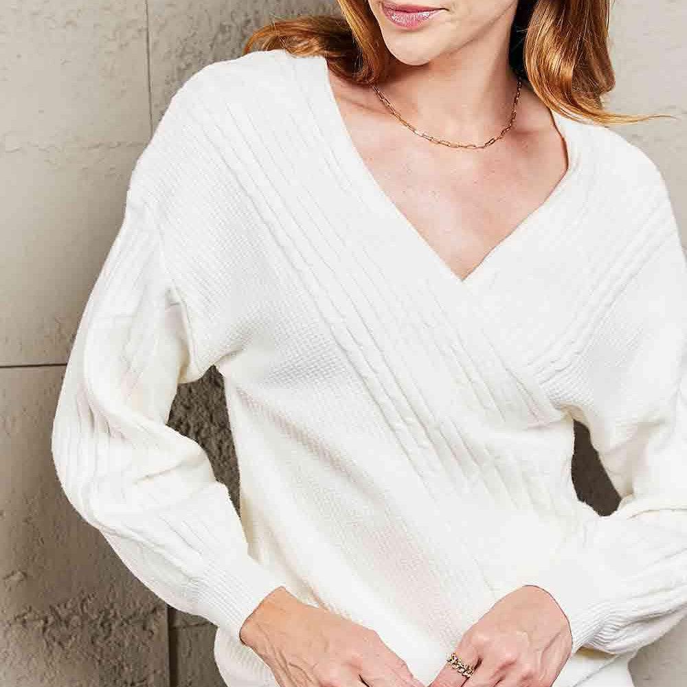 Double Take Ribbed Puff Sleeve Surplice Sweater