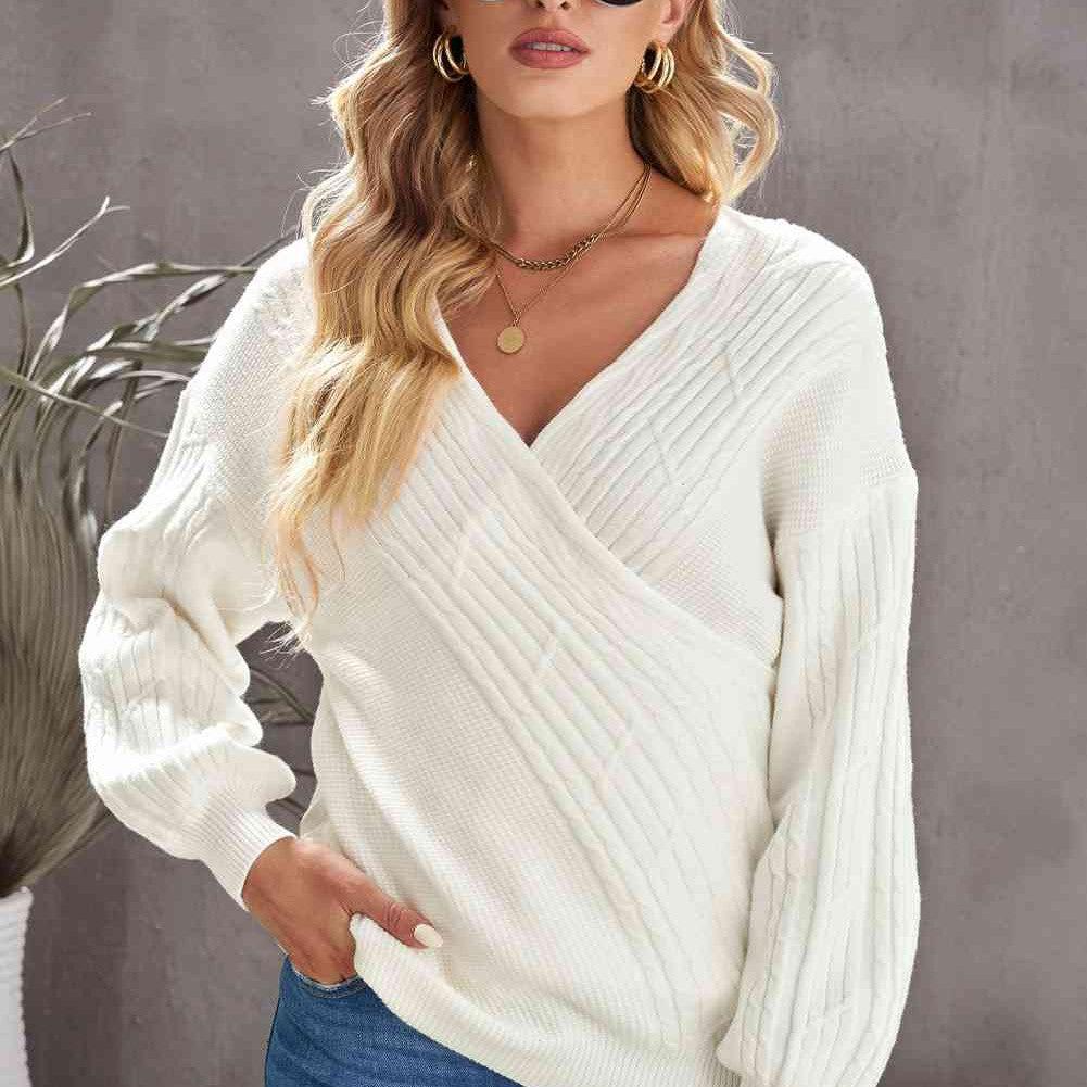 Double Take Ribbed Puff Sleeve Surplice Sweater