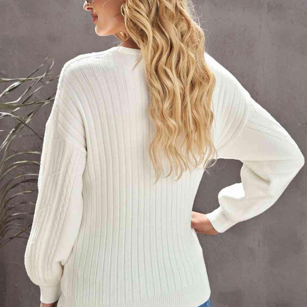 Double Take Ribbed Puff Sleeve Surplice Sweater