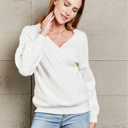 Double Take Ribbed Puff Sleeve Surplice Sweater