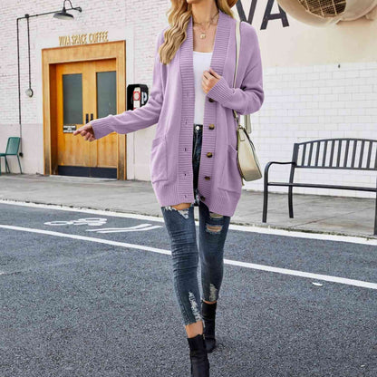 Double Take Ribbed Trim Dropped Shoulder Pocketed Cardigan