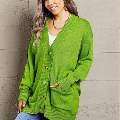 Double Take Ribbed Trim Dropped Shoulder Pocketed Cardigan