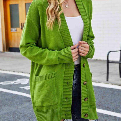 Double Take Ribbed Trim Dropped Shoulder Pocketed Cardigan