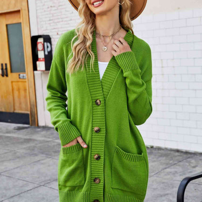 Double Take Ribbed Trim Dropped Shoulder Pocketed Cardigan