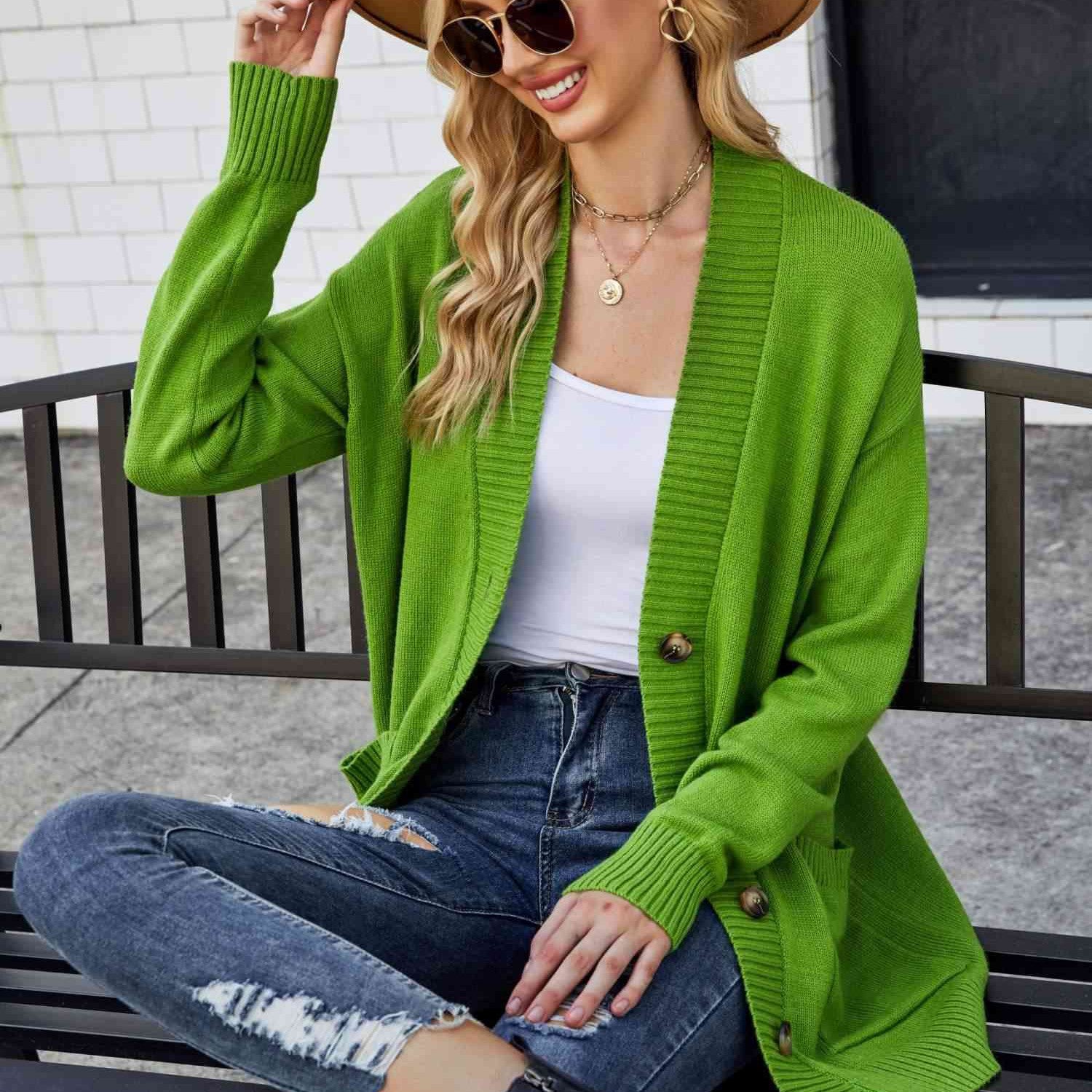 Double Take Ribbed Trim Dropped Shoulder Pocketed Cardigan