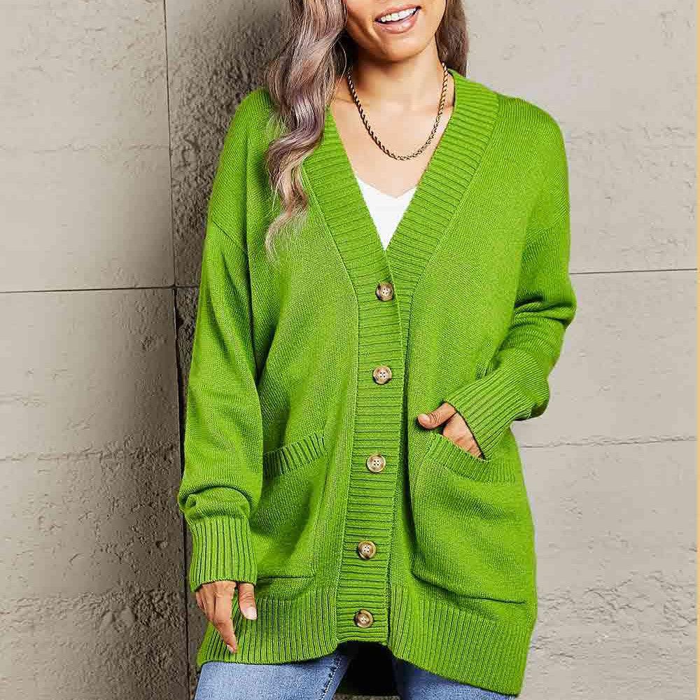 Double Take Ribbed Trim Dropped Shoulder Pocketed Cardigan