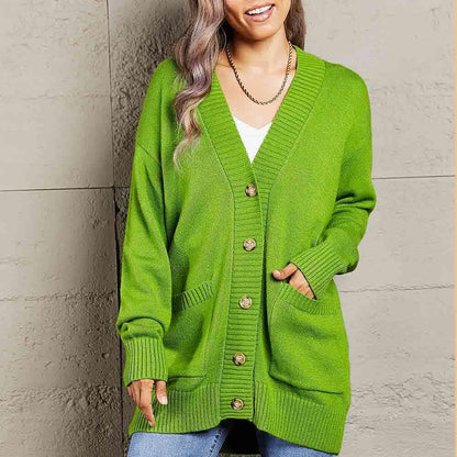 Double Take Ribbed Trim Dropped Shoulder Pocketed Cardigan